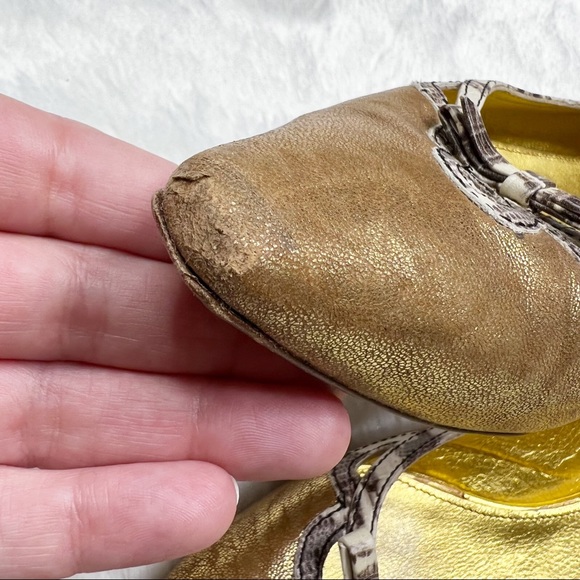 Miu Miu Gold Metallic Leather Pointed Toe Ballet Flats Snake Print Trim 38.5 - Picture 14 of 15